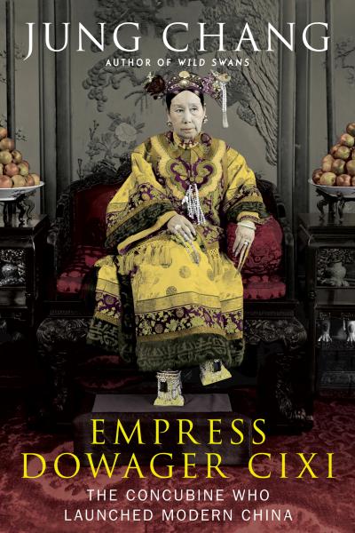 Cover art of Empress Dowager Cixi featuring the empress in a yellow robe on a red throne